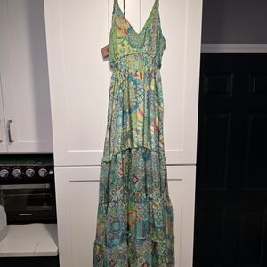 Sleeveless Green Patchwork V-Neck Maxi Dress One Size Fits Most - Vacation